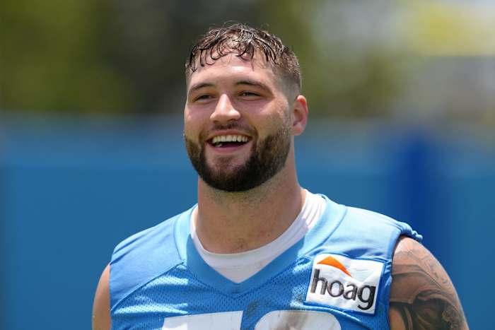 Jun 14, 2022; Costa Mesa, California, USA; Los Angeles Chargers defensive lineman Morgan Fox (56) during minicamp at the Hoag Performance Center. Mandatory Credit: Kirby Lee-USA TODAY Sports